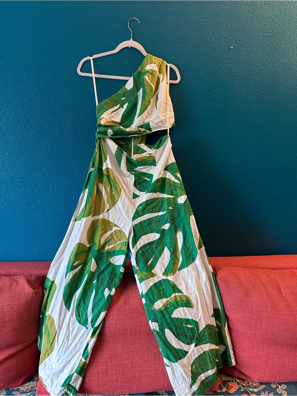 Farm Rio One-Shoulder Green Leaf Print Jumpsuit